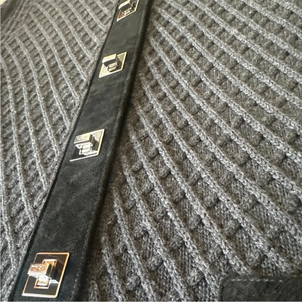 Tory Burch Gray and Black Cardigan Sweater coat luxury trim waffle wool stretch - Picture 3 of 6